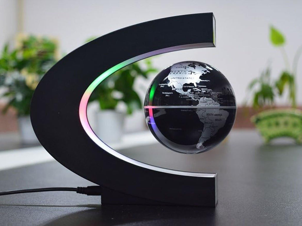 Floating Globe with LED Lights C Shape Magnetic Levitation Floating Globe World Map for Desk Decoration (Black-Silver)