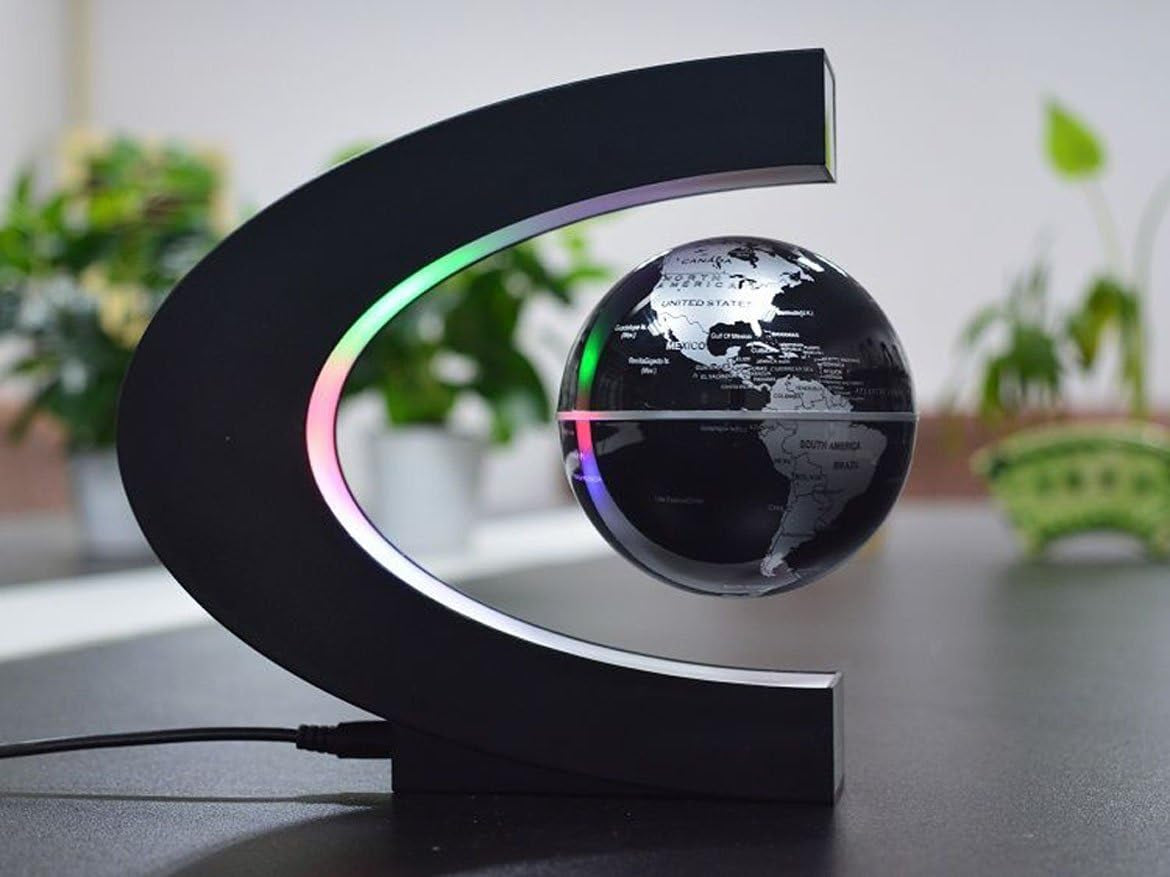 Floating Globe with LED Lights C Shape Magnetic Levitation Floating Globe World Map for Desk Decoration (Black-Silver)