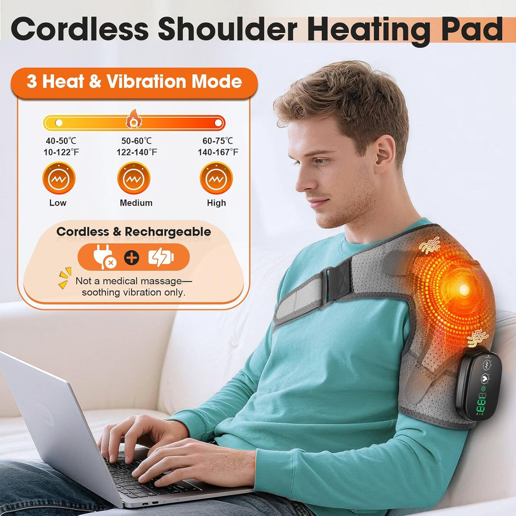 Cordless Shoulder Heating Pad, Shoulder Massager for Pain Relief Deep Tissue, Heated Shoulder Wrap with Massage, Heated Shoulder Brace for Rotator Cuff(Gray)