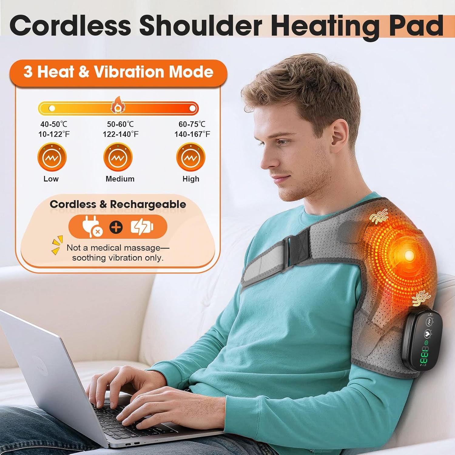 Cordless Shoulder Heating Pad, Shoulder Massager for Pain Relief Deep Tissue, Heated Shoulder Wrap with Massage, Heated Shoulder Brace for Rotator Cuff(Gray)