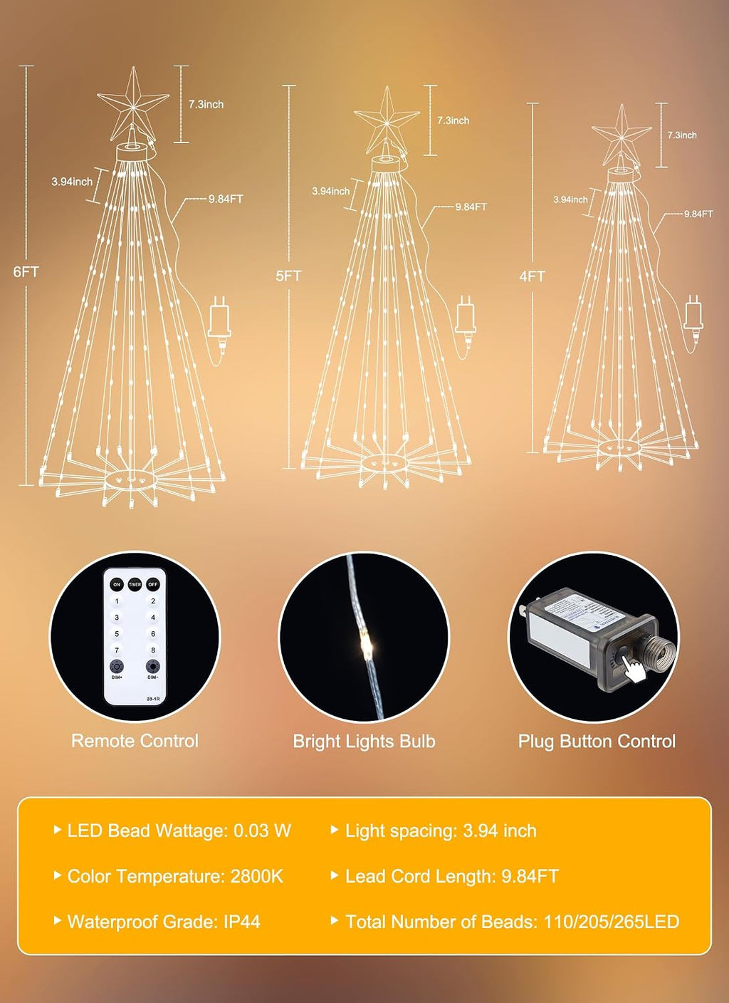 Outdoor Christmas Cone Tree Light with Remote, 3Set 4/5/6Ft Lightshow Christmas Tree with Star Topper, Dimmable Artificial Christmas Tree for Porch Yard Patio Indoor Christmas Decorations, Warm White