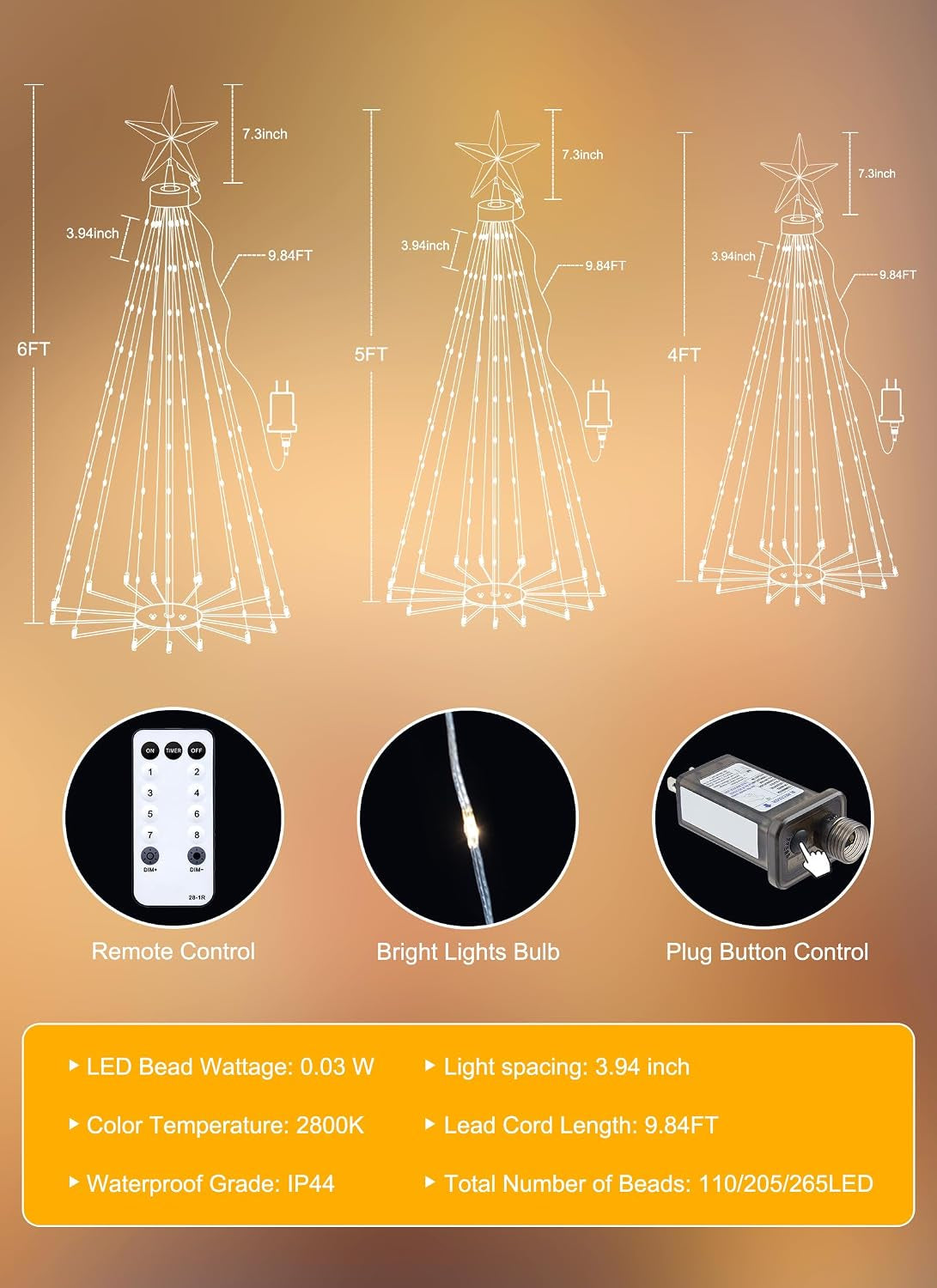 Outdoor Christmas Cone Tree Light with Remote, 3Set 4/5/6Ft Lightshow Christmas Tree with Star Topper, Dimmable Artificial Christmas Tree for Porch Yard Patio Indoor Christmas Decorations, Warm White