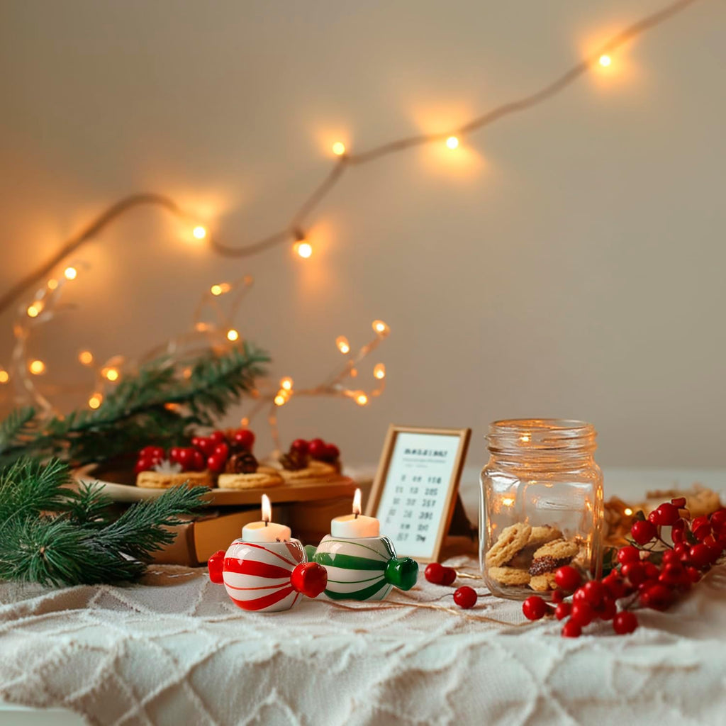Candy Ceramic Candle Holders 2 Pcs,Christmas Decor Candlestick Holders Centerpieces for Home Wedding Xmas Dinning Party for 1.5 Inch Candle and Led Candle(Red + Green)