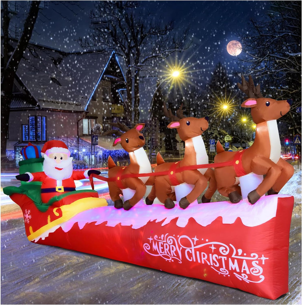 10FT Christmas Inflatable Santa Claus on Sleigh with 3 Reindeer, Blow up Yard Clearance with LED Lights Built-In, Holiday Party Decor for Garden