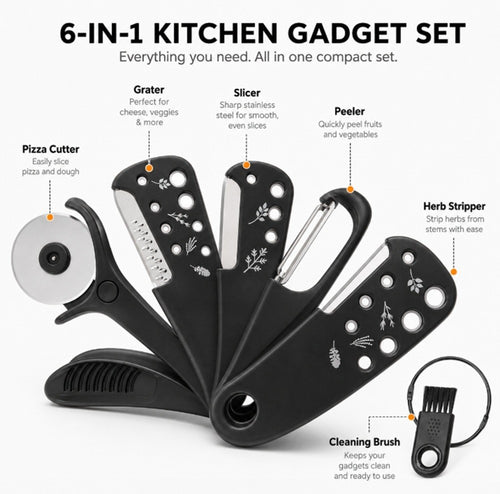 6 Pack Kitchen Gadget Set Peeler Grater Bottle Opener Tools Compact Kit