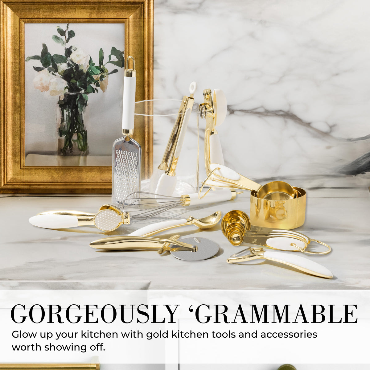White & Gold Kitchen Tools and Gadgets with Anti-Slip Handles