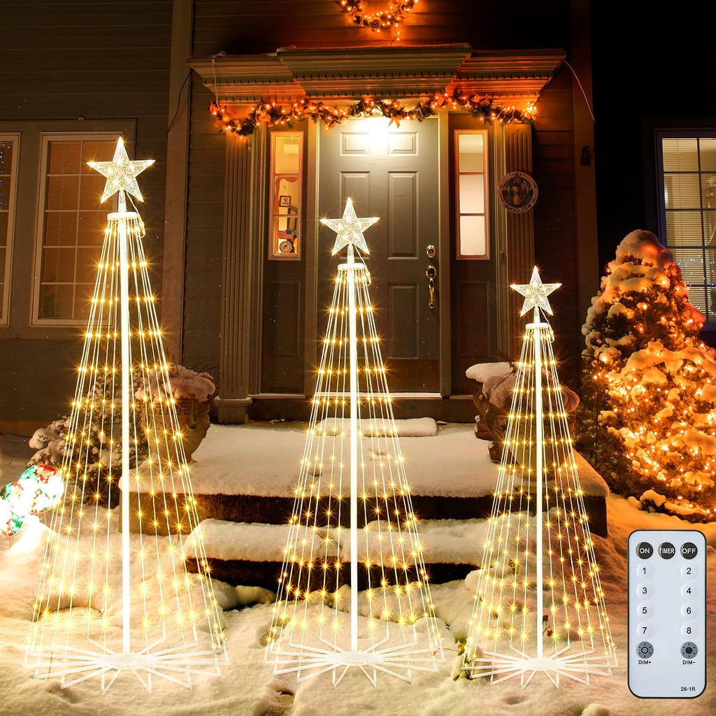 Outdoor Christmas Cone Tree Light with Remote, 3Set 4/5/6Ft Lightshow Christmas Tree with Star Topper, Dimmable Artificial Christmas Tree for Porch Yard Patio Indoor Christmas Decorations, Warm White