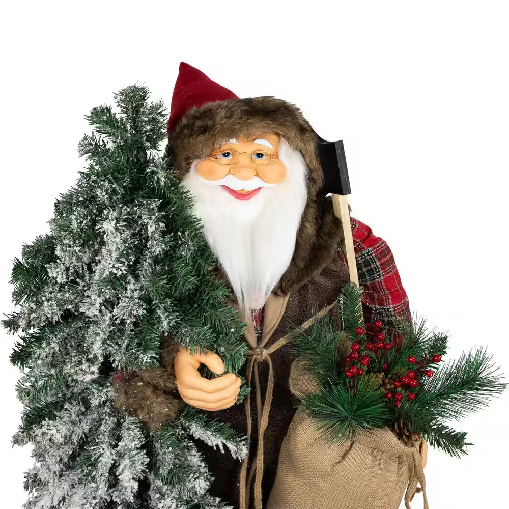 Standing Woodland Santa Claus with Flocked Alpine Tree Commercial Christmas Figure-5'