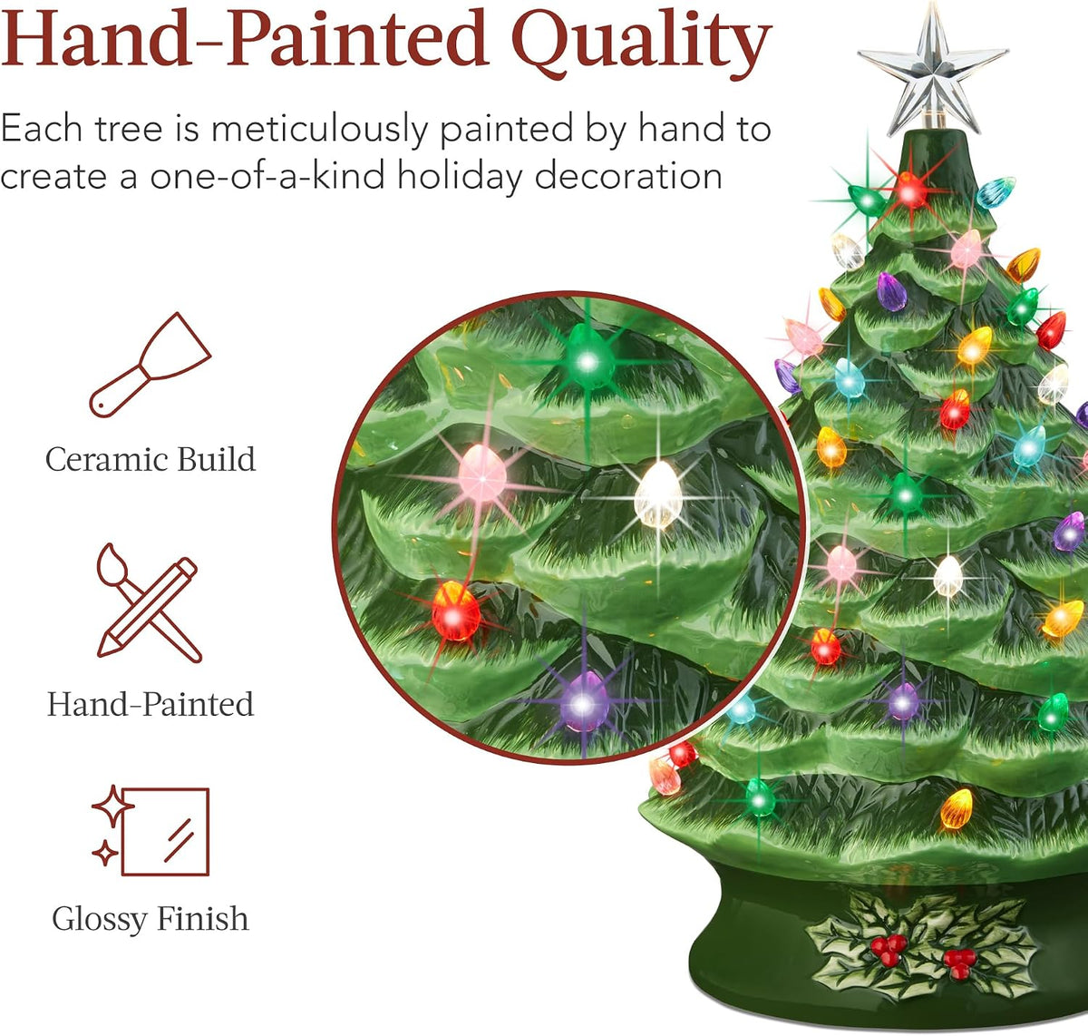 Best Choice Product 24In Extra Large Ceramic Christmas Tree, Pre-Lit Hand-Painted Tabletop XL Indoor Holiday Tree, 74 Multicolor Bulbs, LED Lights - Green