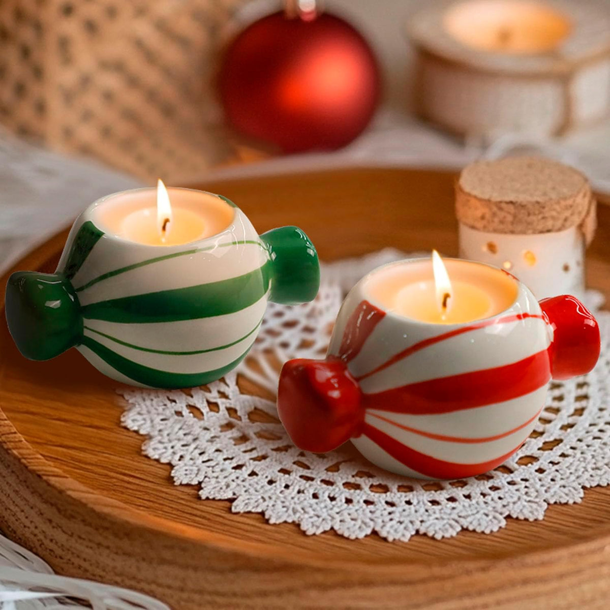 Candy Ceramic Candle Holders 2 Pcs,Christmas Decor Candlestick Holders Centerpieces for Home Wedding Xmas Dinning Party for 1.5 Inch Candle and Led Candle(Red + Green)