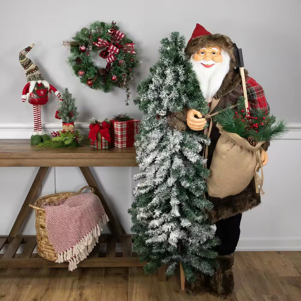 Standing Woodland Santa Claus with Flocked Alpine Tree Commercial Christmas Figure-5'