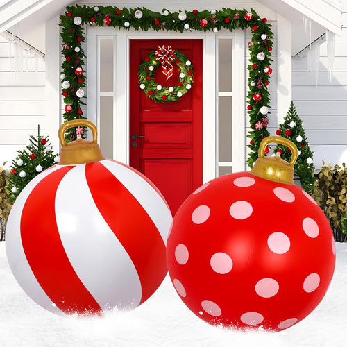 23.6" Christmas Inflatables, Inflatable Christmas Decorations Balls with Red & White Color Scheme, Holiday Blow up Christmas Decorations Outdoor for Garden, Patio, Yard, Party Decorations