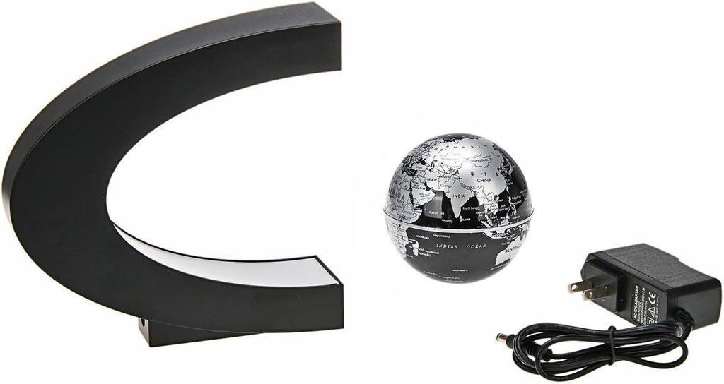 Floating Globe with LED Lights C Shape Magnetic Levitation Floating Globe World Map for Desk Decoration (Black-Silver)