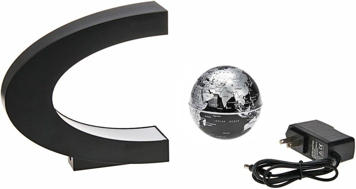 Floating Globe with LED Lights C Shape Magnetic Levitation Floating Globe World Map for Desk Decoration (Black-Silver)