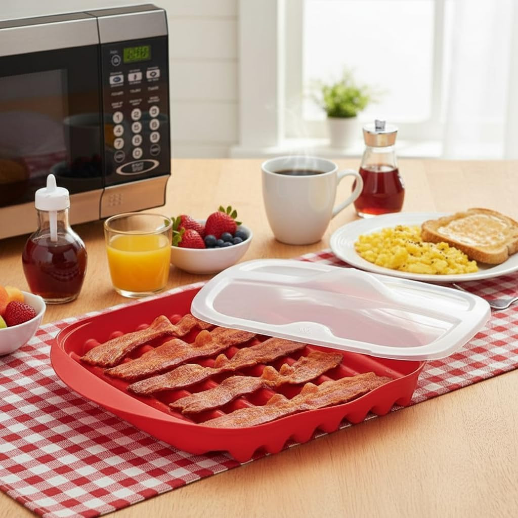 Microwave Bacon Tray with Splatter Lid, Microwave Easy Bacon Maker, Microwavable Bacon Grill Tray Make Crispy in Minutes