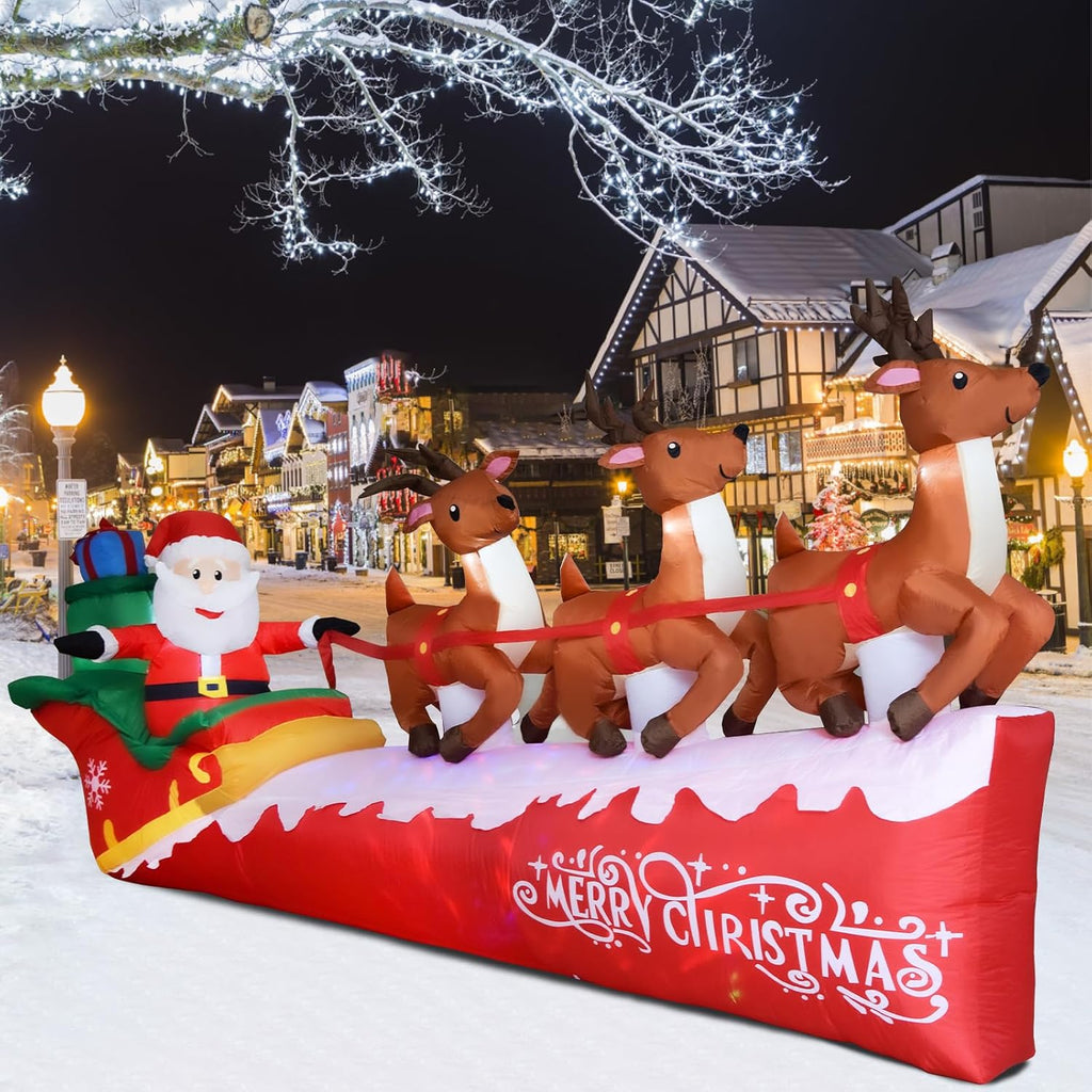 10FT Christmas Inflatable Santa Claus on Sleigh with 3 Reindeer, Blow up Yard Clearance with LED Lights Built-In, Holiday Party Decor for Garden