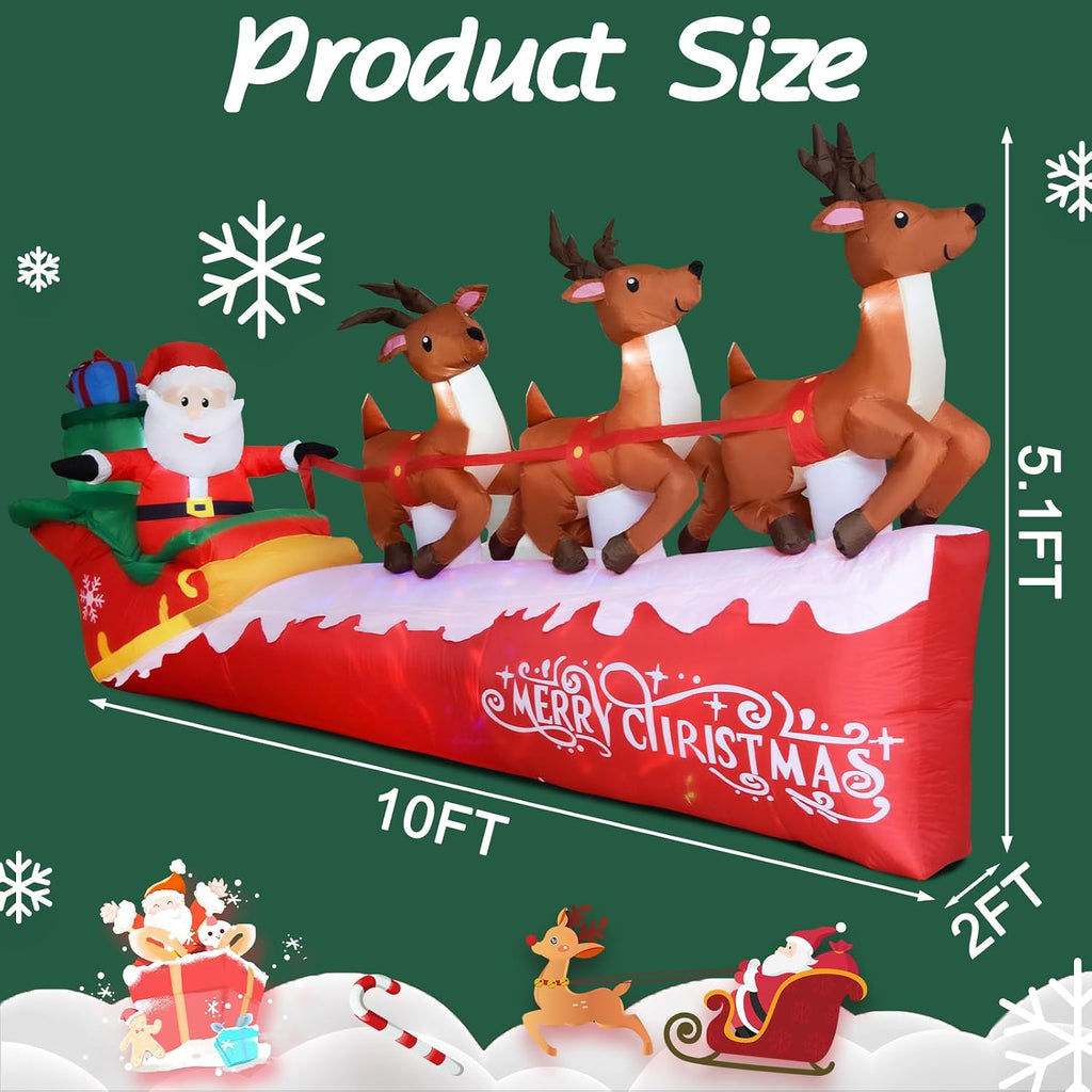 10FT Christmas Inflatable Santa Claus on Sleigh with 3 Reindeer, Blow up Yard Clearance with LED Lights Built-In, Holiday Party Decor for Garden