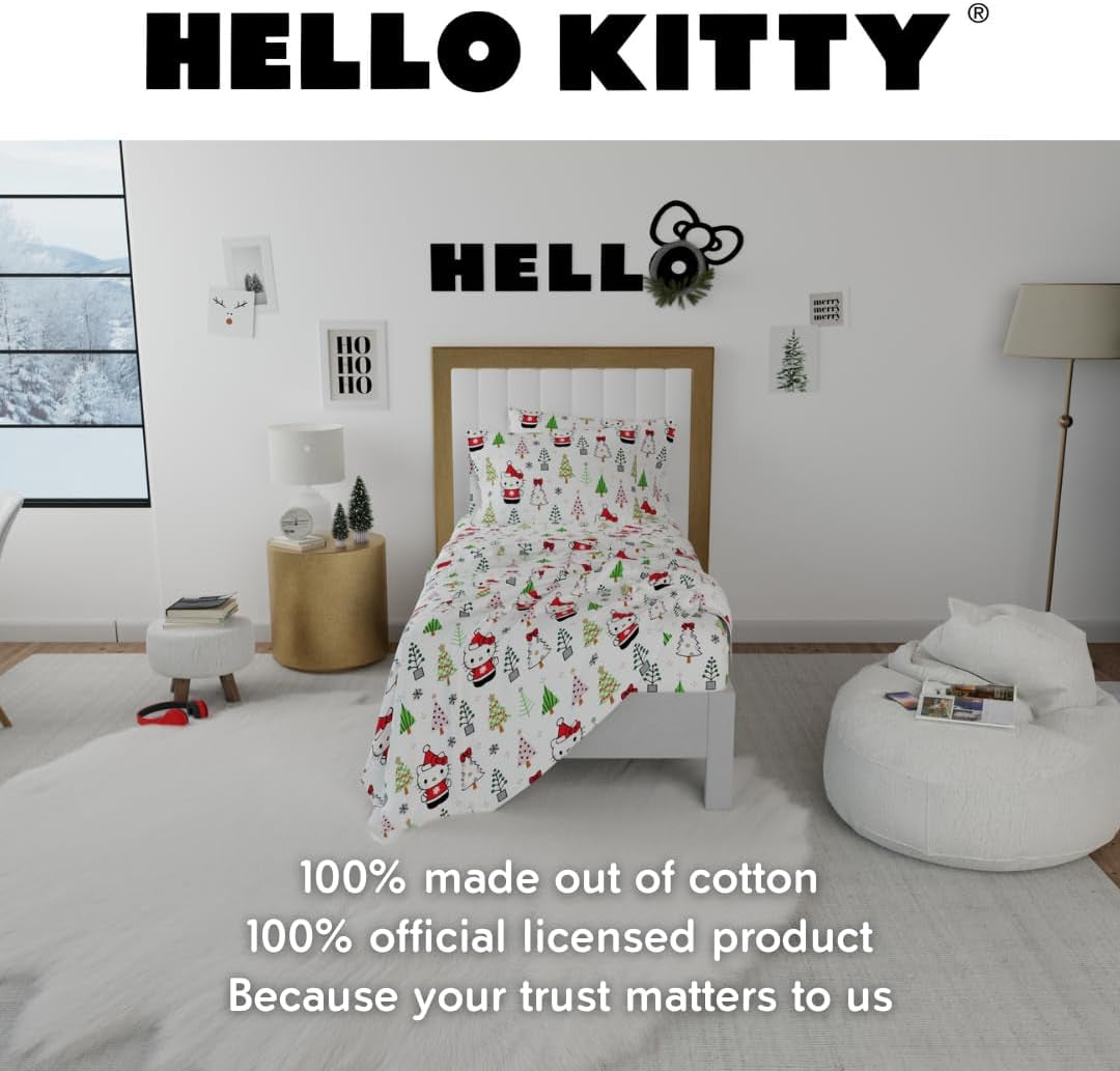 Hello Kitty Holiday & Christmas Bedding Super Soft 100% Cotton Flannel Sheet Set, Twin, (Officially Licensed Product) by