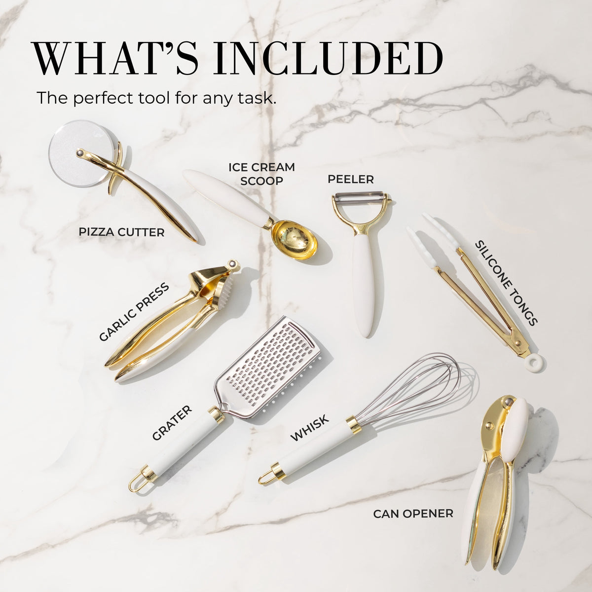White & Gold Kitchen Tools and Gadgets with Anti-Slip Handles