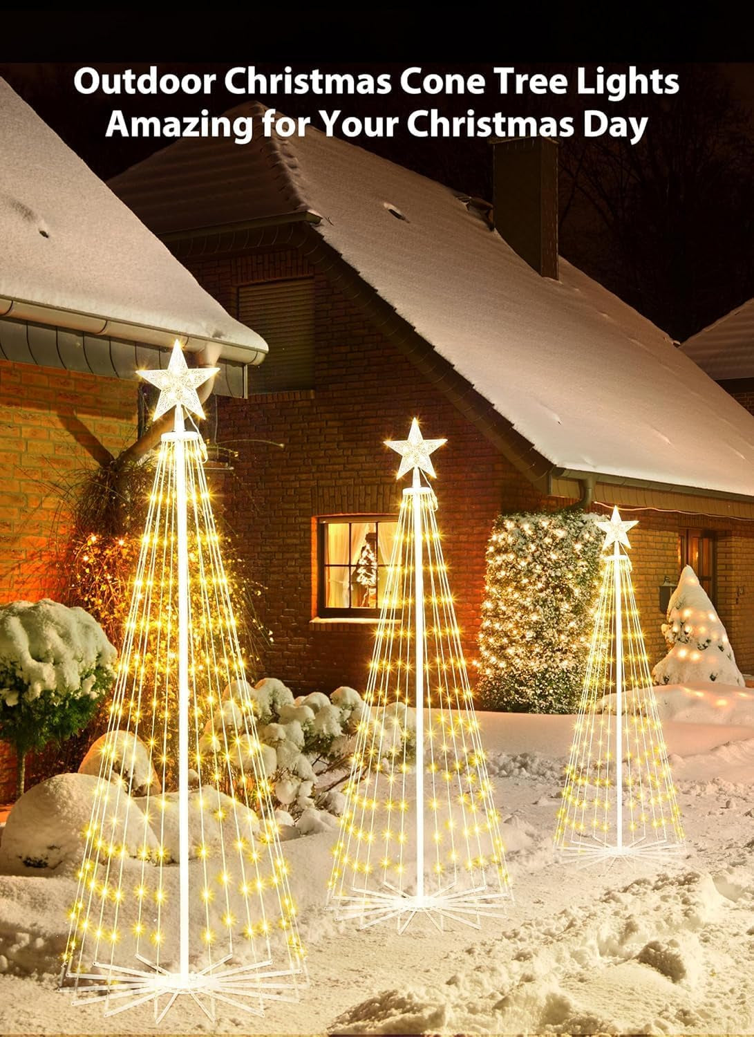 Outdoor Christmas Cone Tree Light with Remote, 3Set 4/5/6Ft Lightshow Christmas Tree with Star Topper, Dimmable Artificial Christmas Tree for Porch Yard Patio Indoor Christmas Decorations, Warm White