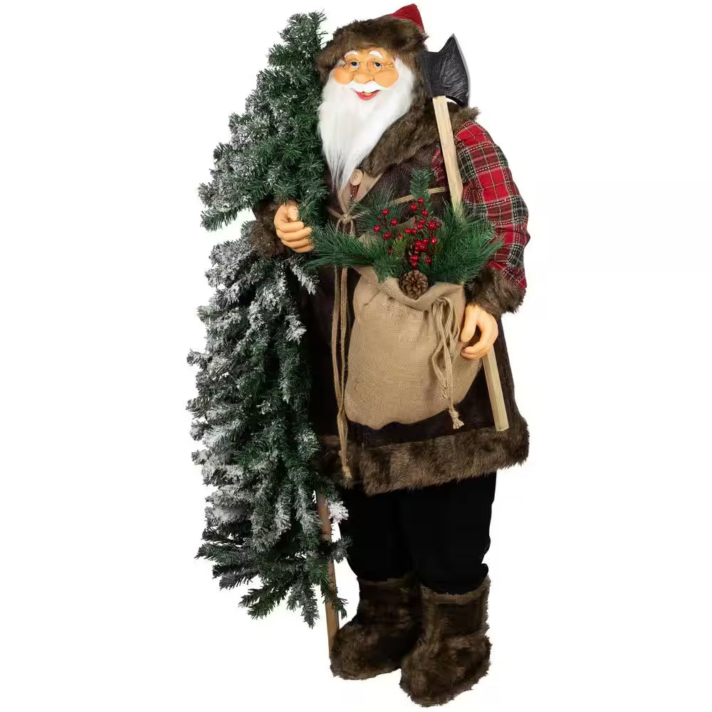 Standing Woodland Santa Claus with Flocked Alpine Tree Commercial Christmas Figure-5'