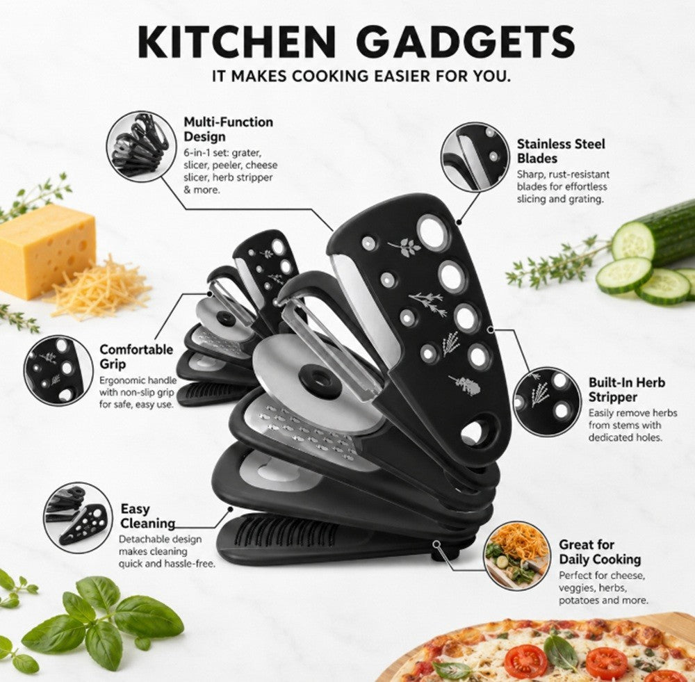 6 Pack Kitchen Gadget Set Peeler Grater Bottle Opener Tools Compact Kit