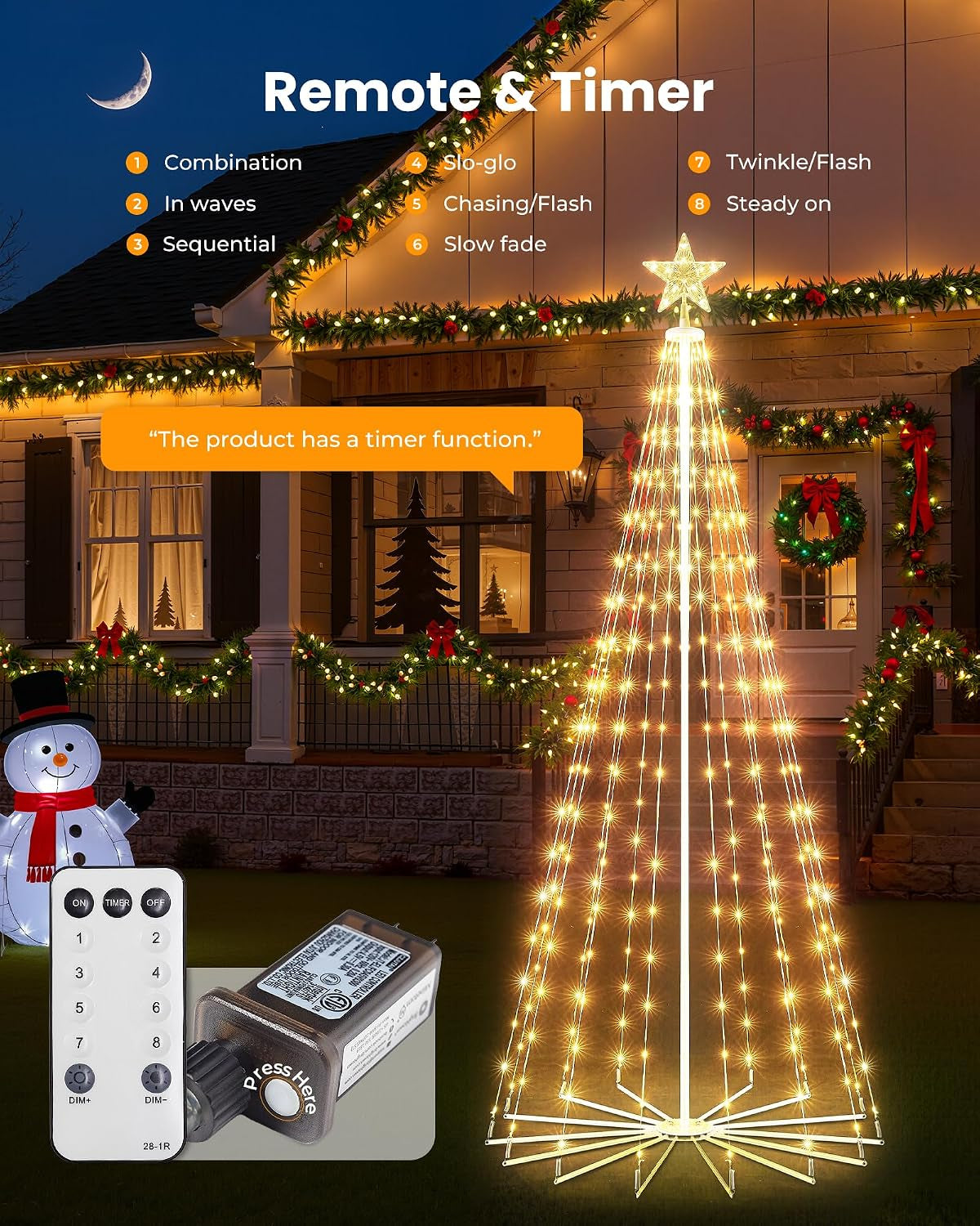 Outdoor Christmas Cone Tree Light with Remote, 3Set 4/5/6Ft Lightshow Christmas Tree with Star Topper, Dimmable Artificial Christmas Tree for Porch Yard Patio Indoor Christmas Decorations, Warm White