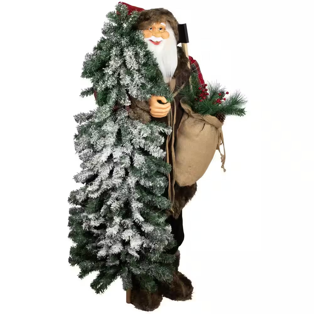 Standing Woodland Santa Claus with Flocked Alpine Tree Commercial Christmas Figure-5'