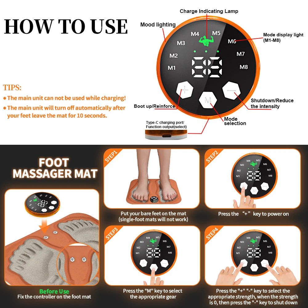 3D Foot Massage Pad Low Frequency Electrostimulator Massage Mat for Feet 8 Modes 29 Gears Relax Muscles Wireless Control Fitness