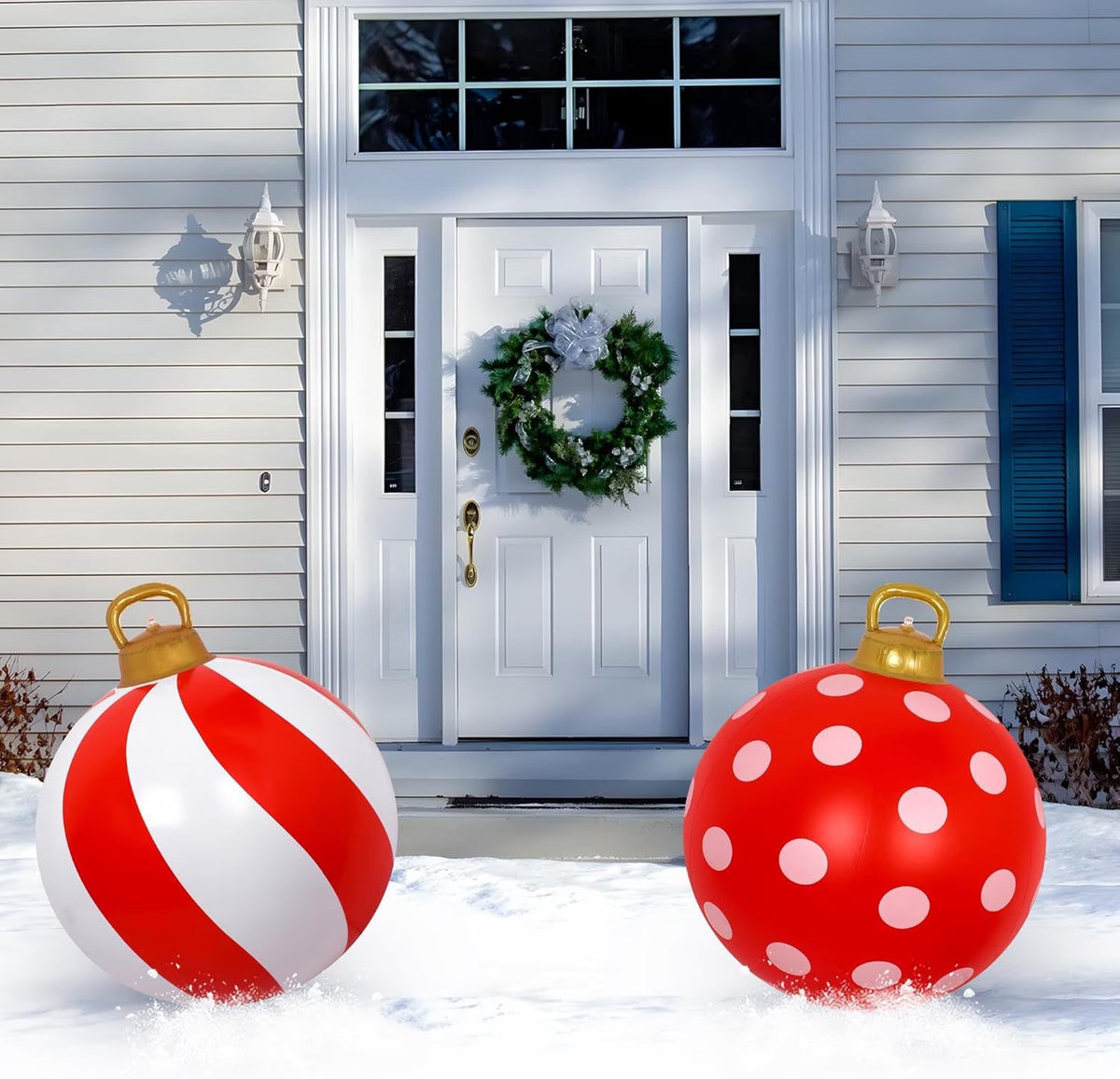 23.6" Christmas Inflatables, Inflatable Christmas Decorations Balls with Red & White Color Scheme, Holiday Blow up Christmas Decorations Outdoor for Garden, Patio, Yard, Party Decorations