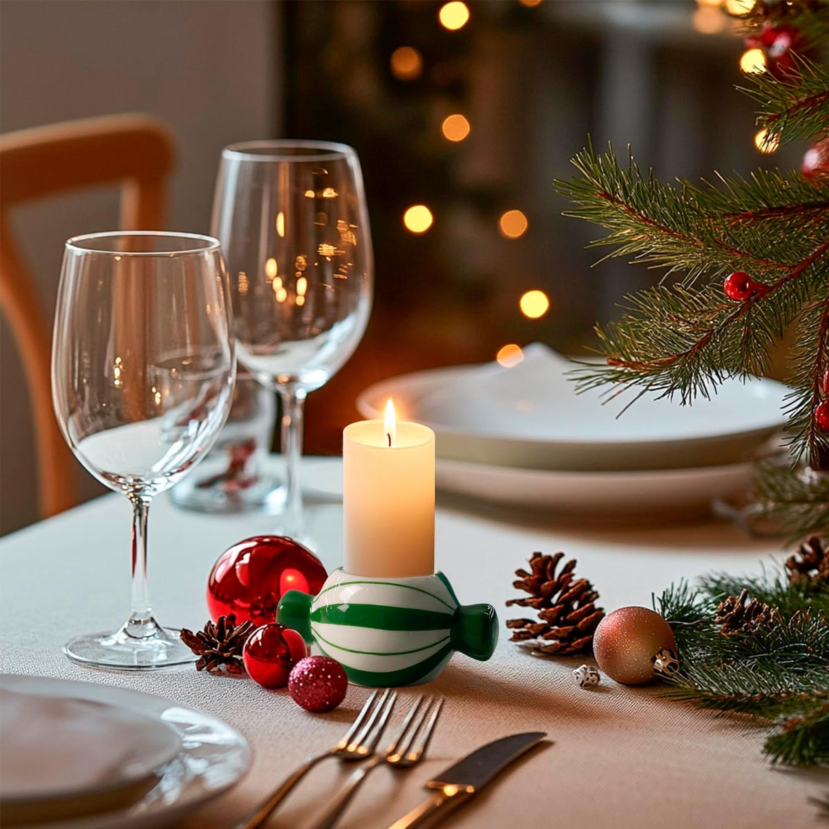 Candy Ceramic Candle Holders 2 Pcs,Christmas Decor Candlestick Holders Centerpieces for Home Wedding Xmas Dinning Party for 1.5 Inch Candle and Led Candle(Red + Green)