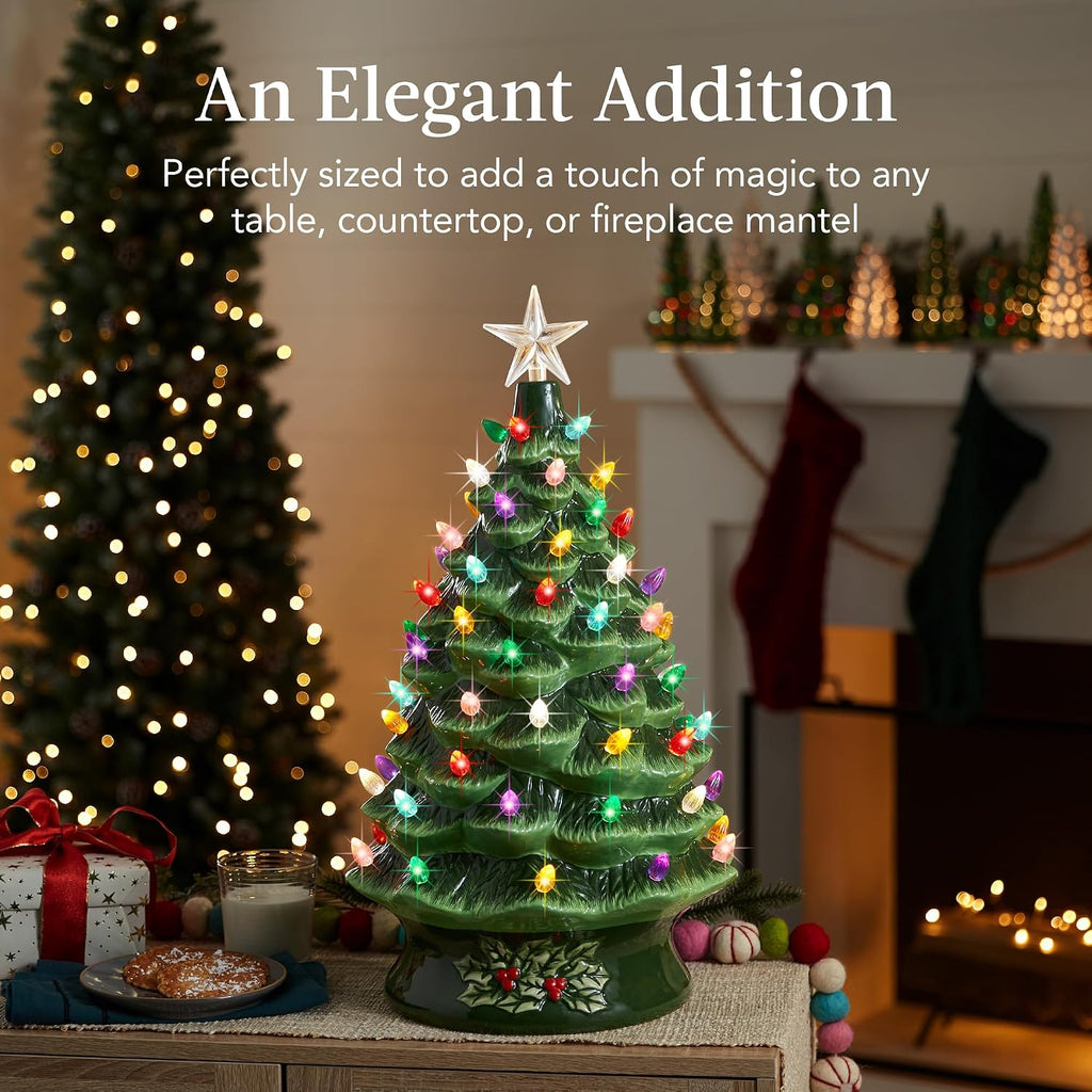 Best Choice Product 24In Extra Large Ceramic Christmas Tree, Pre-Lit Hand-Painted Tabletop XL Indoor Holiday Tree, 74 Multicolor Bulbs, LED Lights - Green