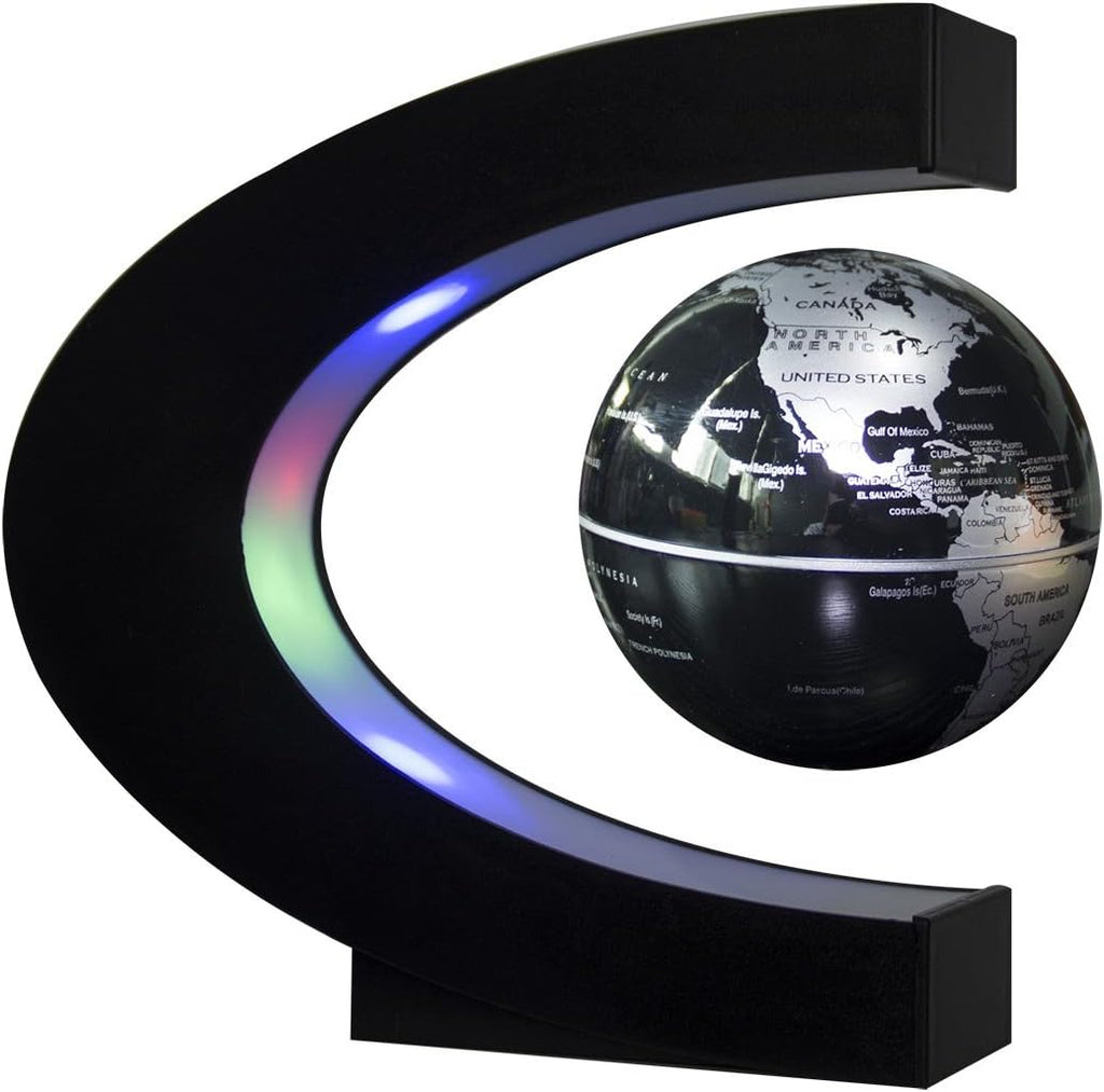 Floating Globe with LED Lights C Shape Magnetic Levitation Floating Globe World Map for Desk Decoration (Black-Silver)