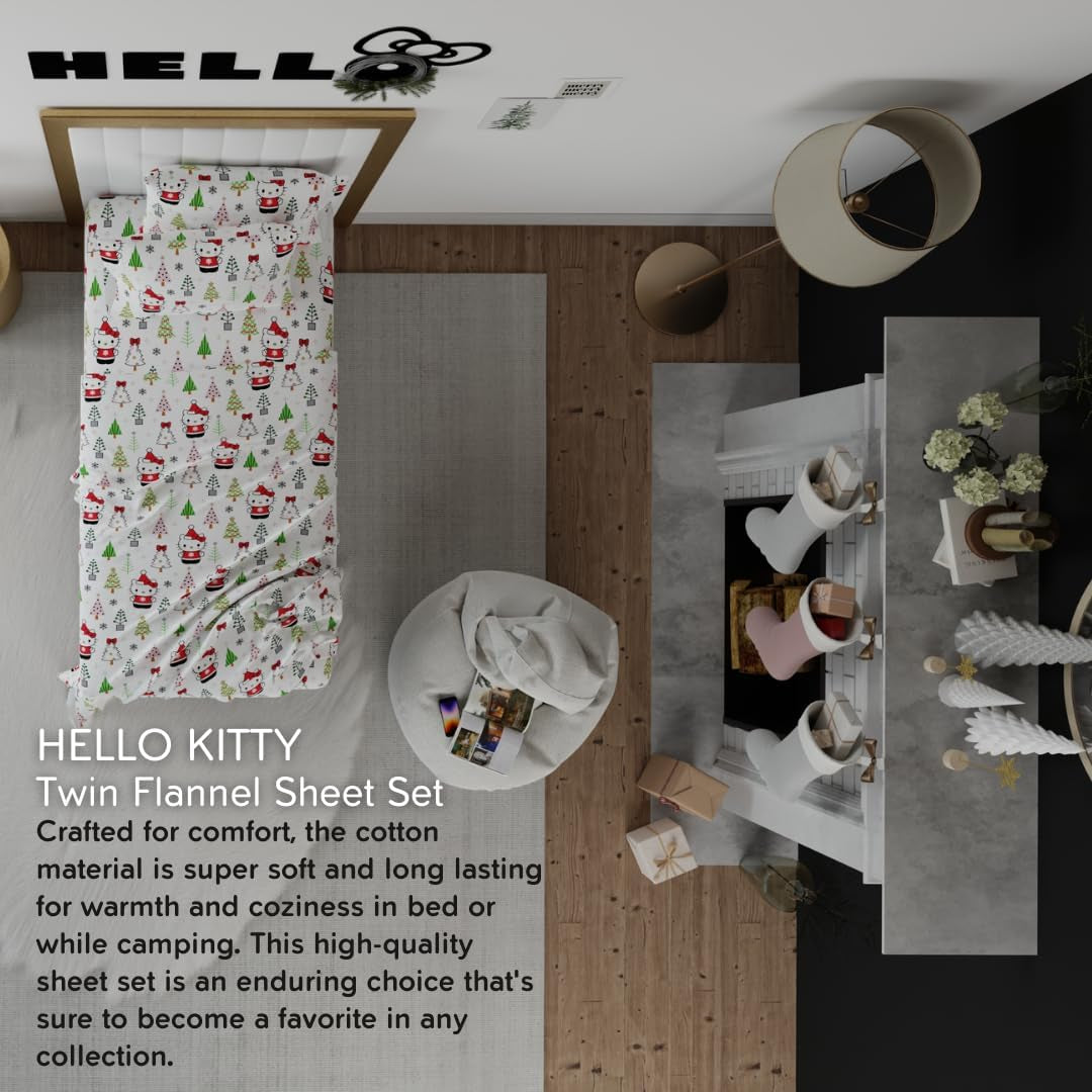 Hello Kitty Holiday & Christmas Bedding Super Soft 100% Cotton Flannel Sheet Set, Twin, (Officially Licensed Product) by