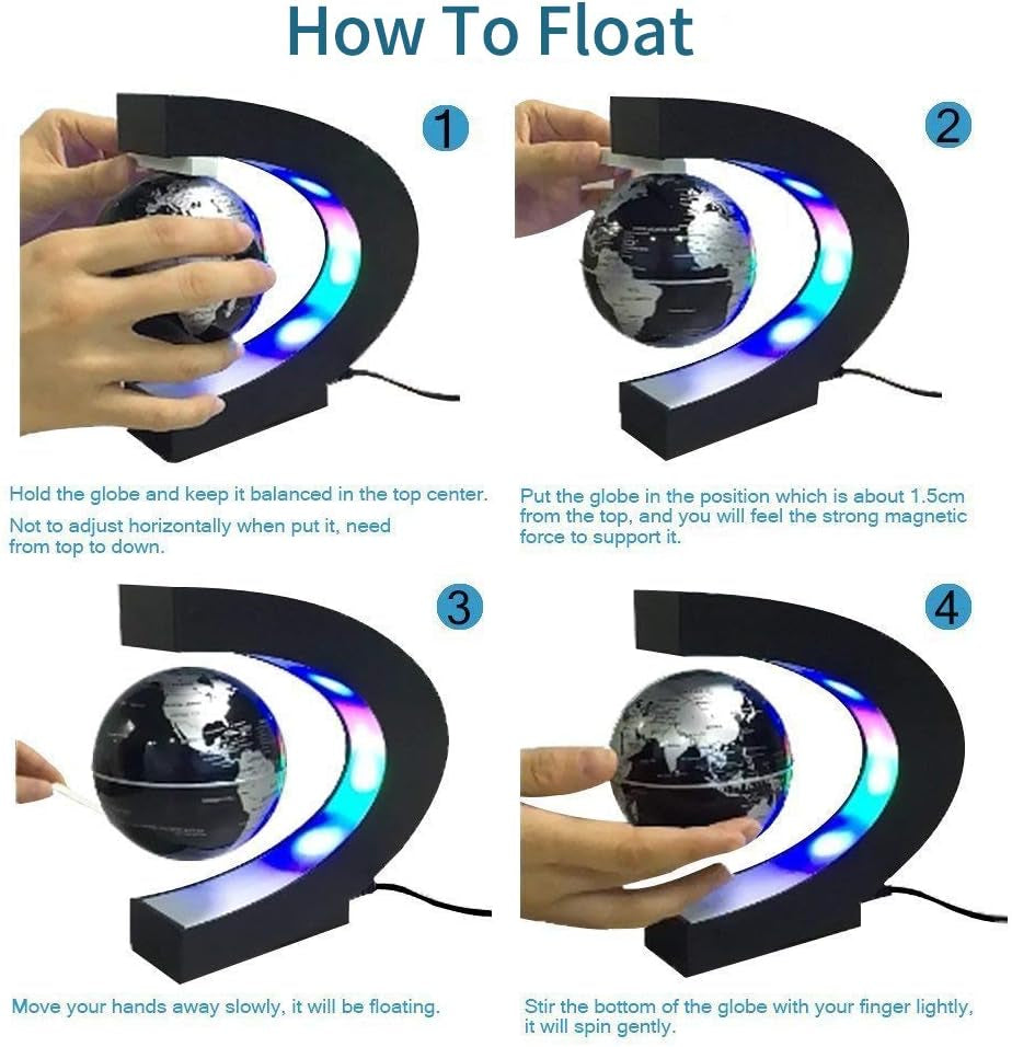 Floating Globe with LED Lights C Shape Magnetic Levitation Floating Globe World Map for Desk Decoration (Black-Silver)