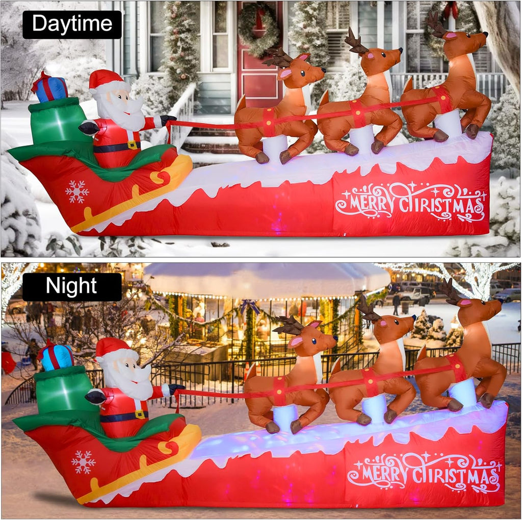 10FT Christmas Inflatable Santa Claus on Sleigh with 3 Reindeer, Blow up Yard Clearance with LED Lights Built-In, Holiday Party Decor for Garden