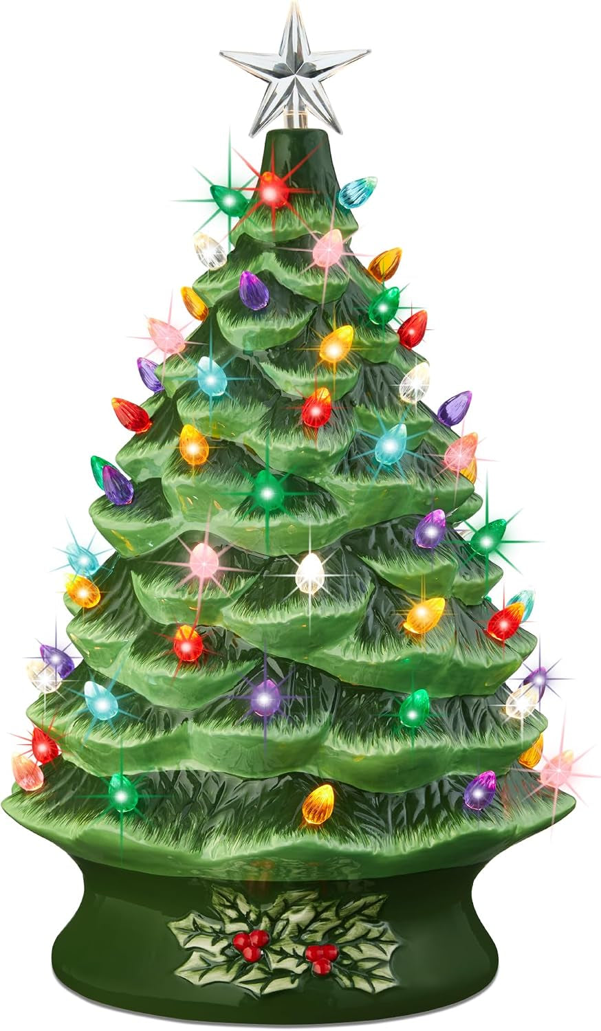 Best Choice Product 24In Extra Large Ceramic Christmas Tree, Pre-Lit Hand-Painted Tabletop XL Indoor Holiday Tree, 74 Multicolor Bulbs, LED Lights - Green
